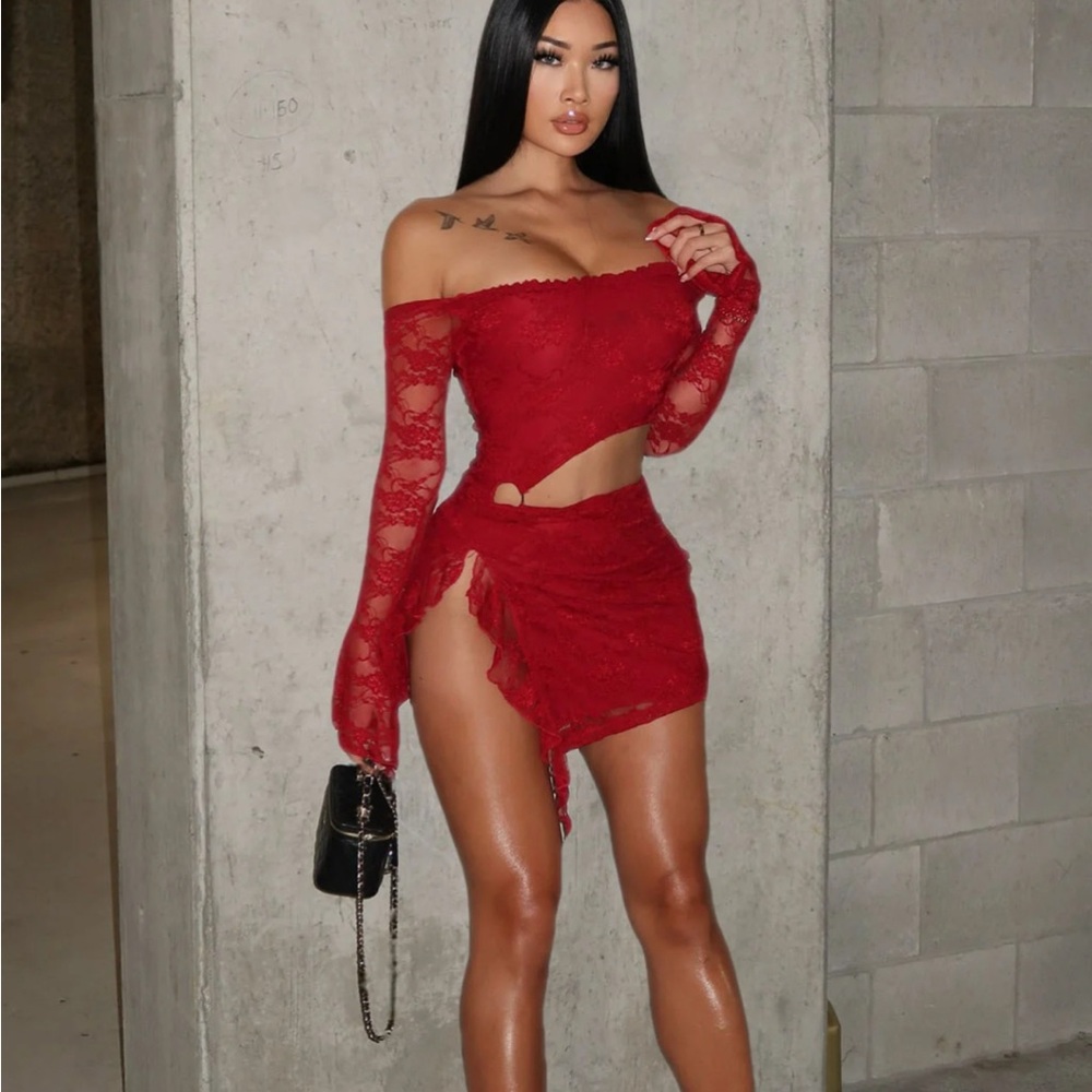 Fashion Nova Red Lace Cut-Out Mini Dress